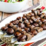 Square image for kabobs with steak and mushrooms.