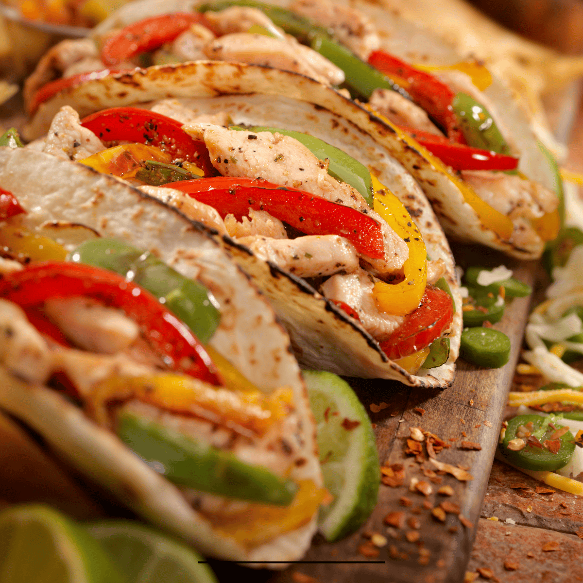 Close up image of Air Fryer Fajitas on a wooden surface