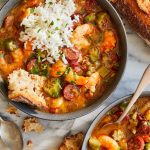 Easy Shrimp Gumbo - Classic comfort food stew simmered to perfection, filled with andouille sausage + shrimp. So cozy and just so darn good.