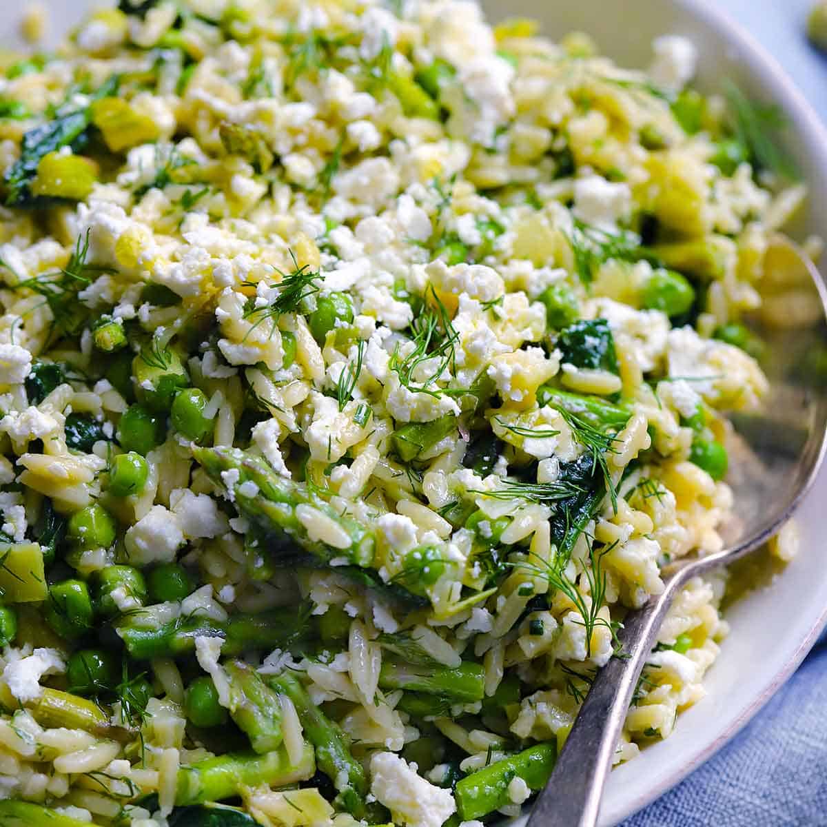 Side view square image of a close up of a bowl of lemony orzo with feta and spring vegetables in a bowl.