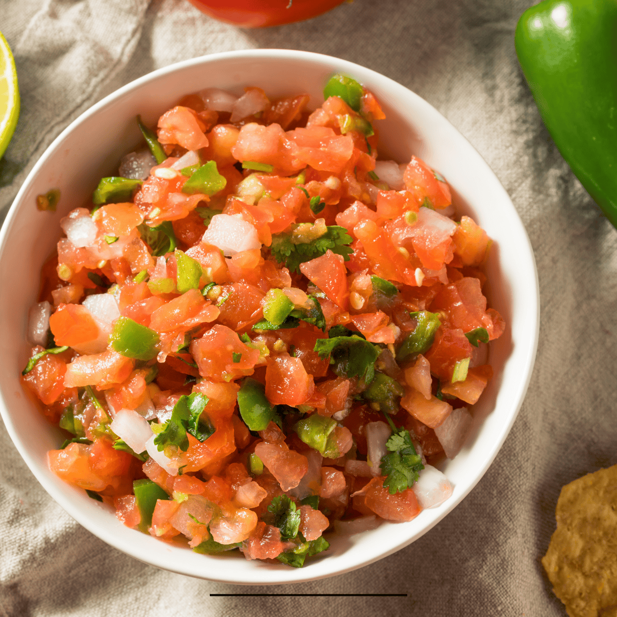 Overhead image of Pico de Gallo in a white bowl