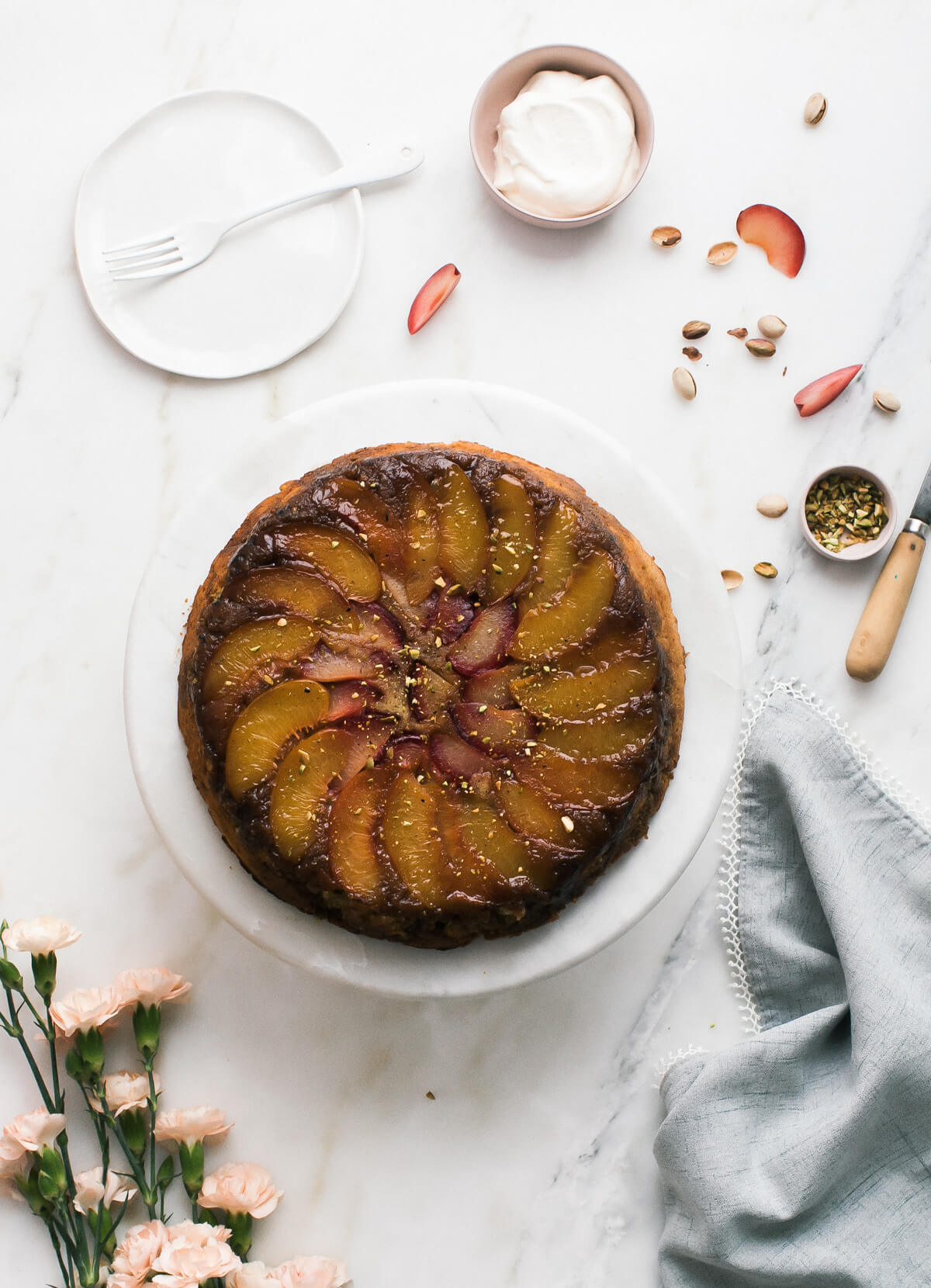 Baked upside down cake on a platter.