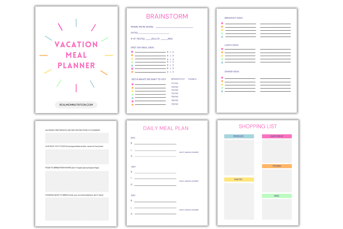 A graphic showing the six pages in the free vacation meal plan