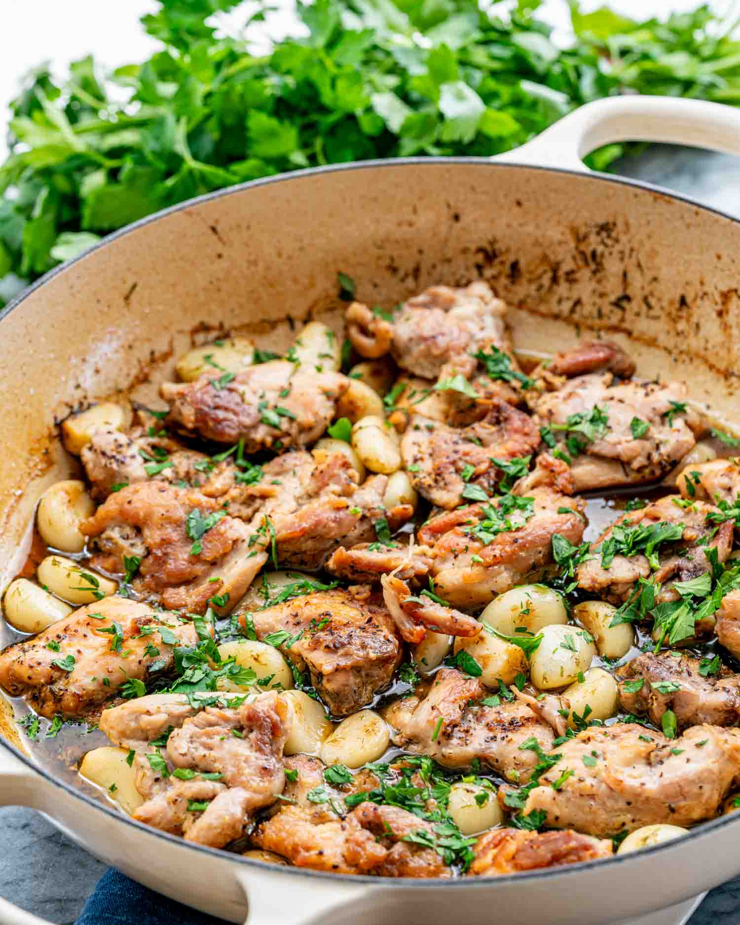 chicken with 40 cloves of garlic in a Dutch oven.