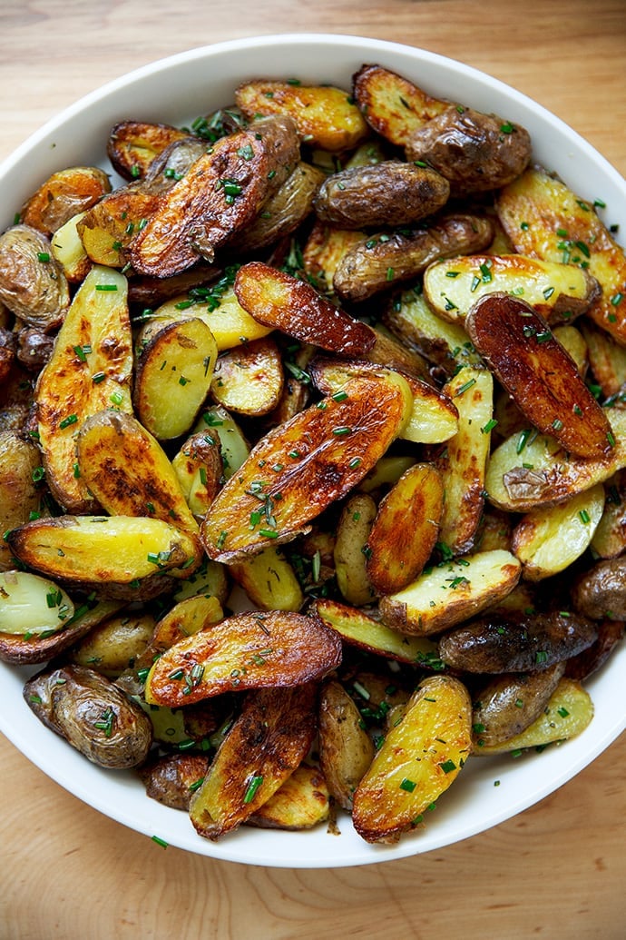 A platter of oven-roasted fingerling potatoes.