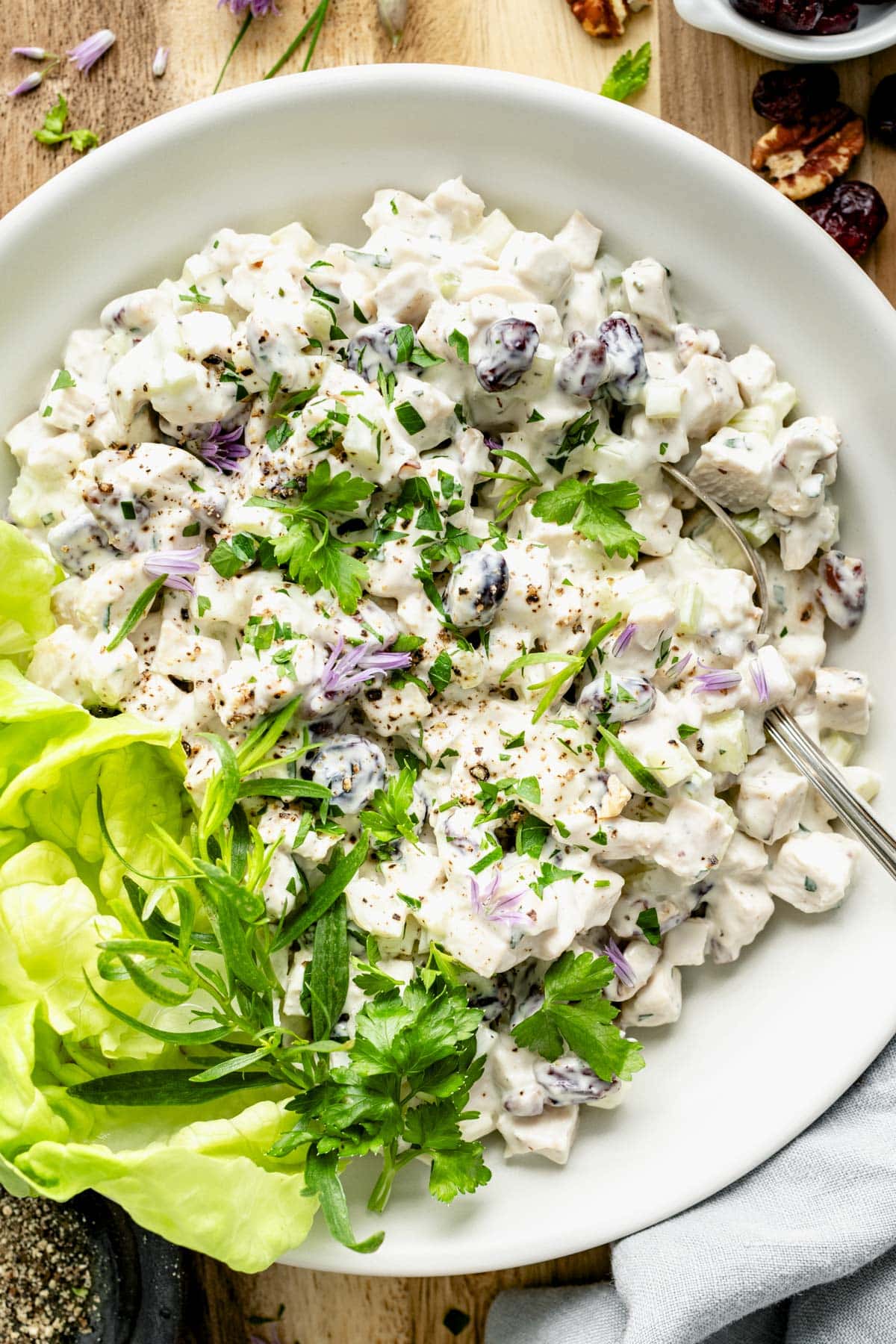 the creamy chicken salad in a white bowl with greens garnishing the side of the bowl