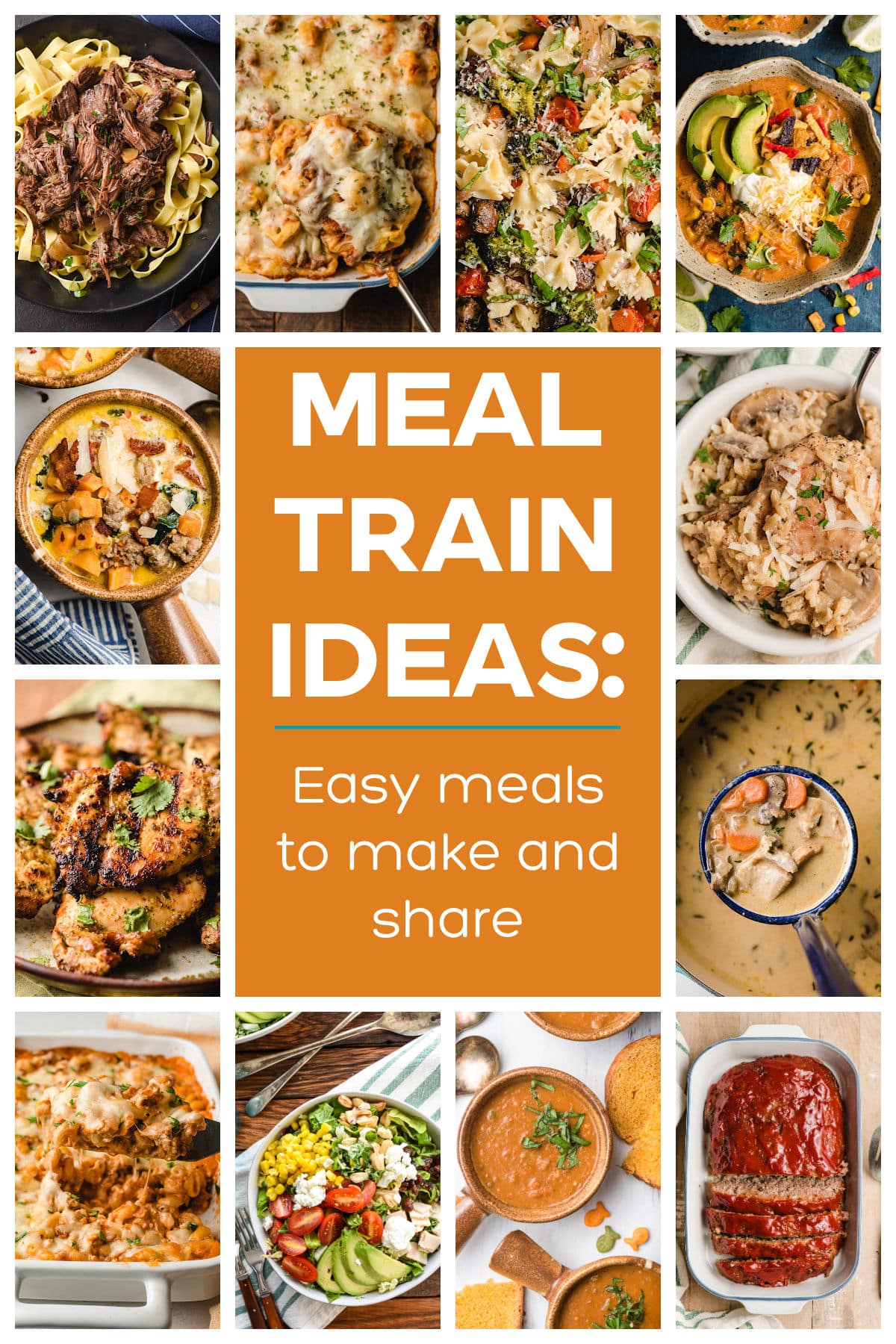 A collage of recipes that are great for meal trains.