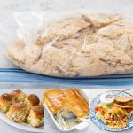 The photo collage shows a bag of shredded chicken next to 3 photos of the recipes you could make with it.