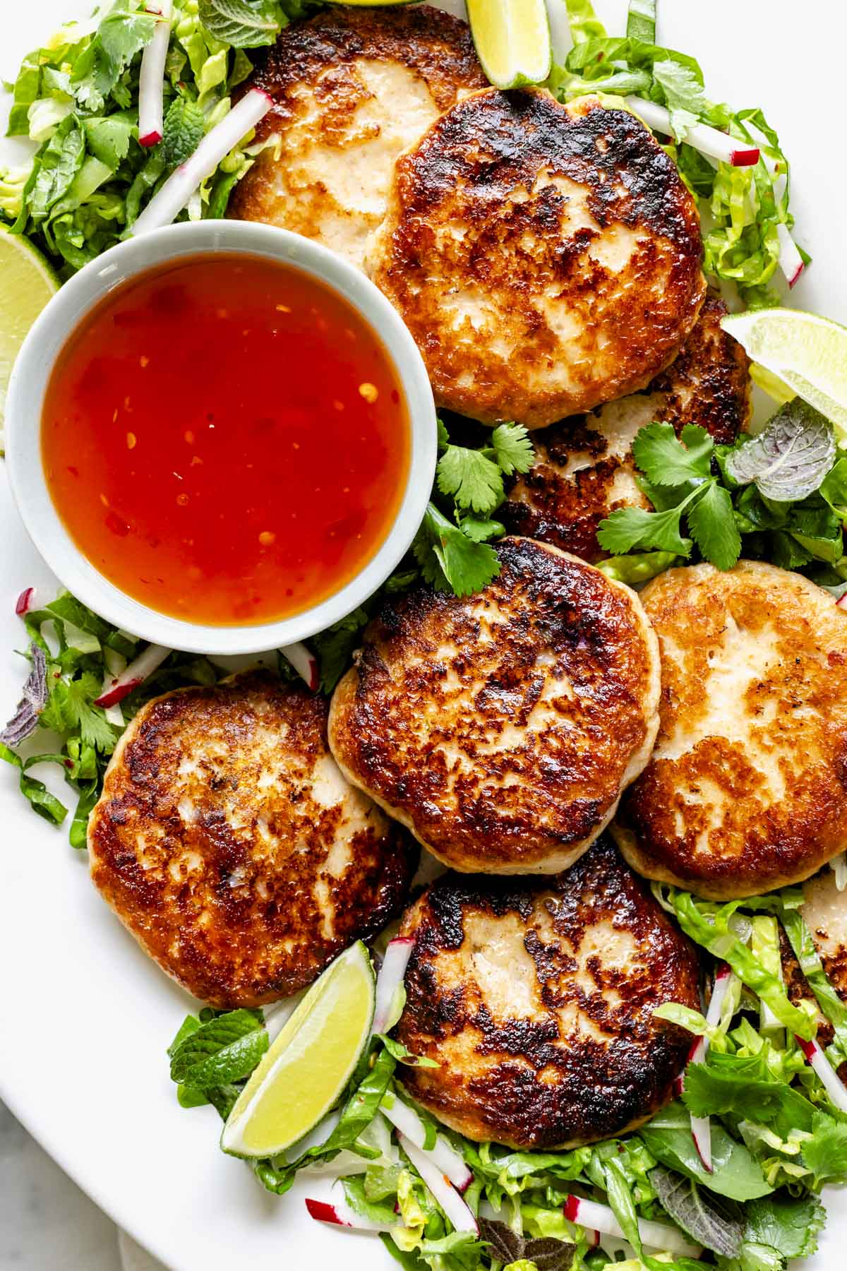 fish cakes on a platter with the herbal salad and thai sweet chili dipping sauce