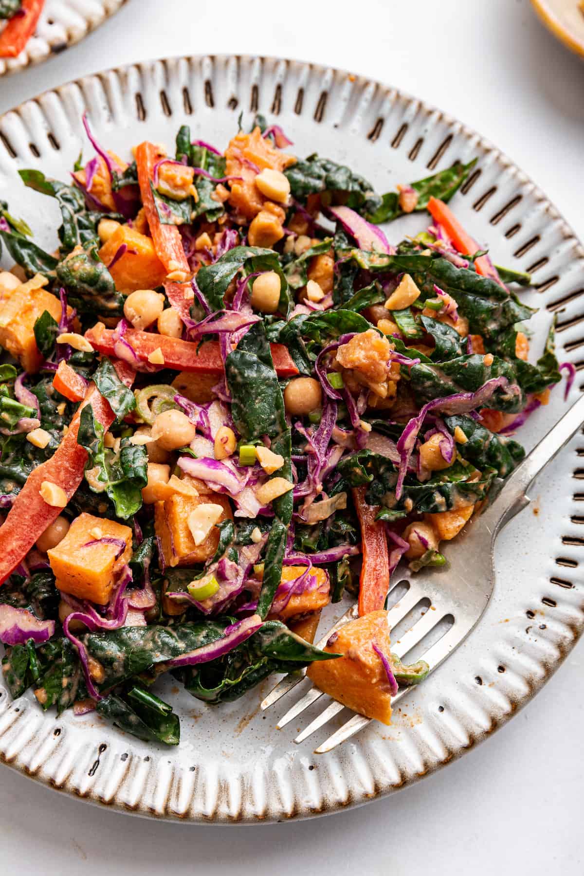 Overhead view of kale sweet potato salad on plate