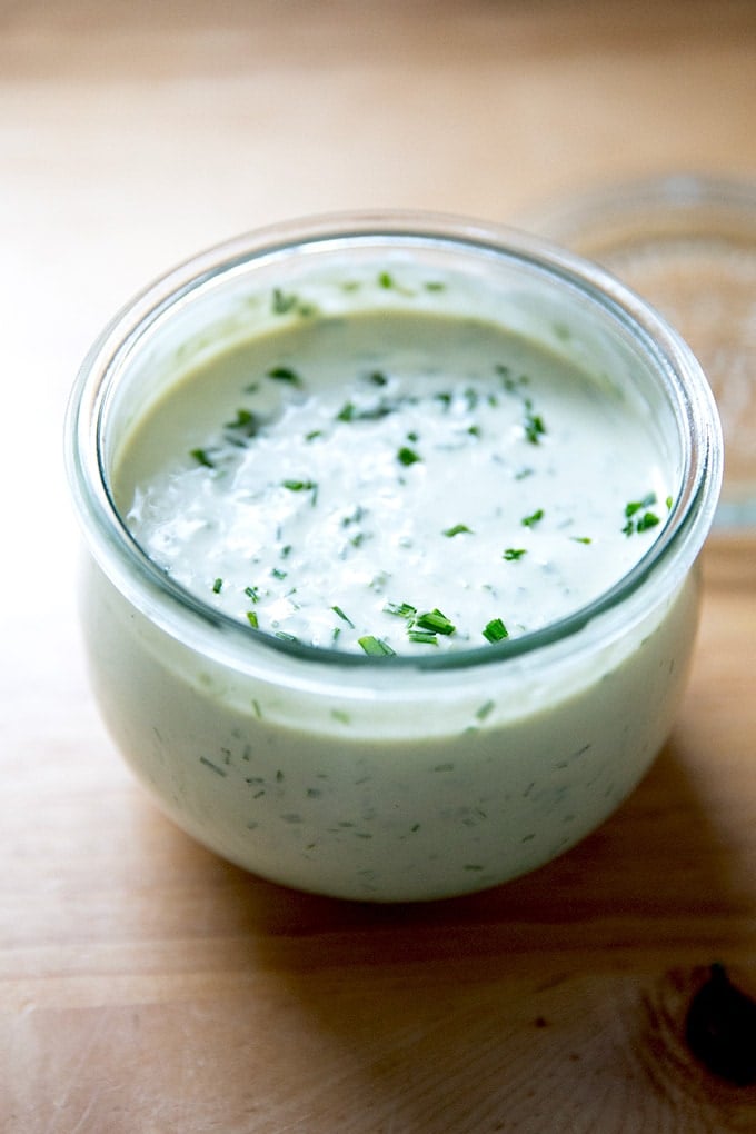 A jar of vegan ranch dressing.