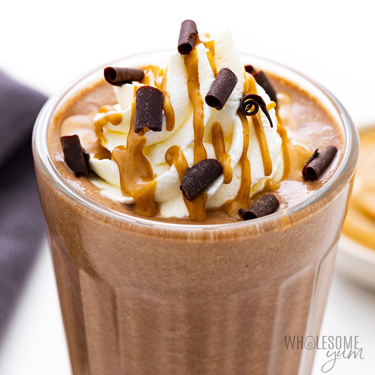 Chocolate peanut butter smoothie close up.