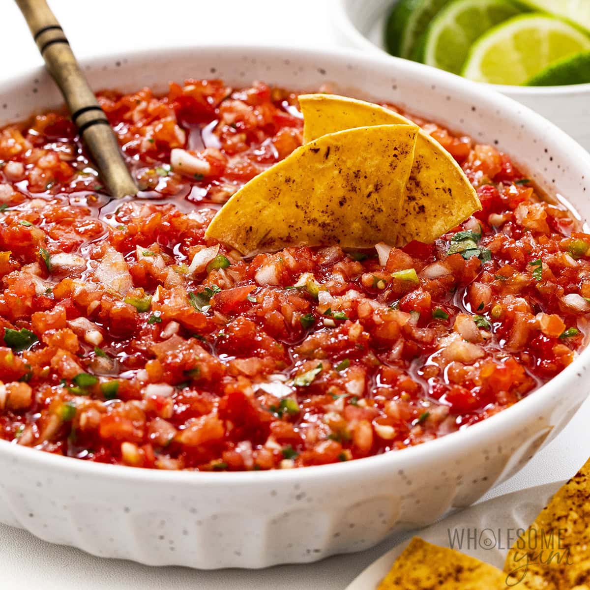 Homemade salsa in a bowl with 2 tortilla chips.