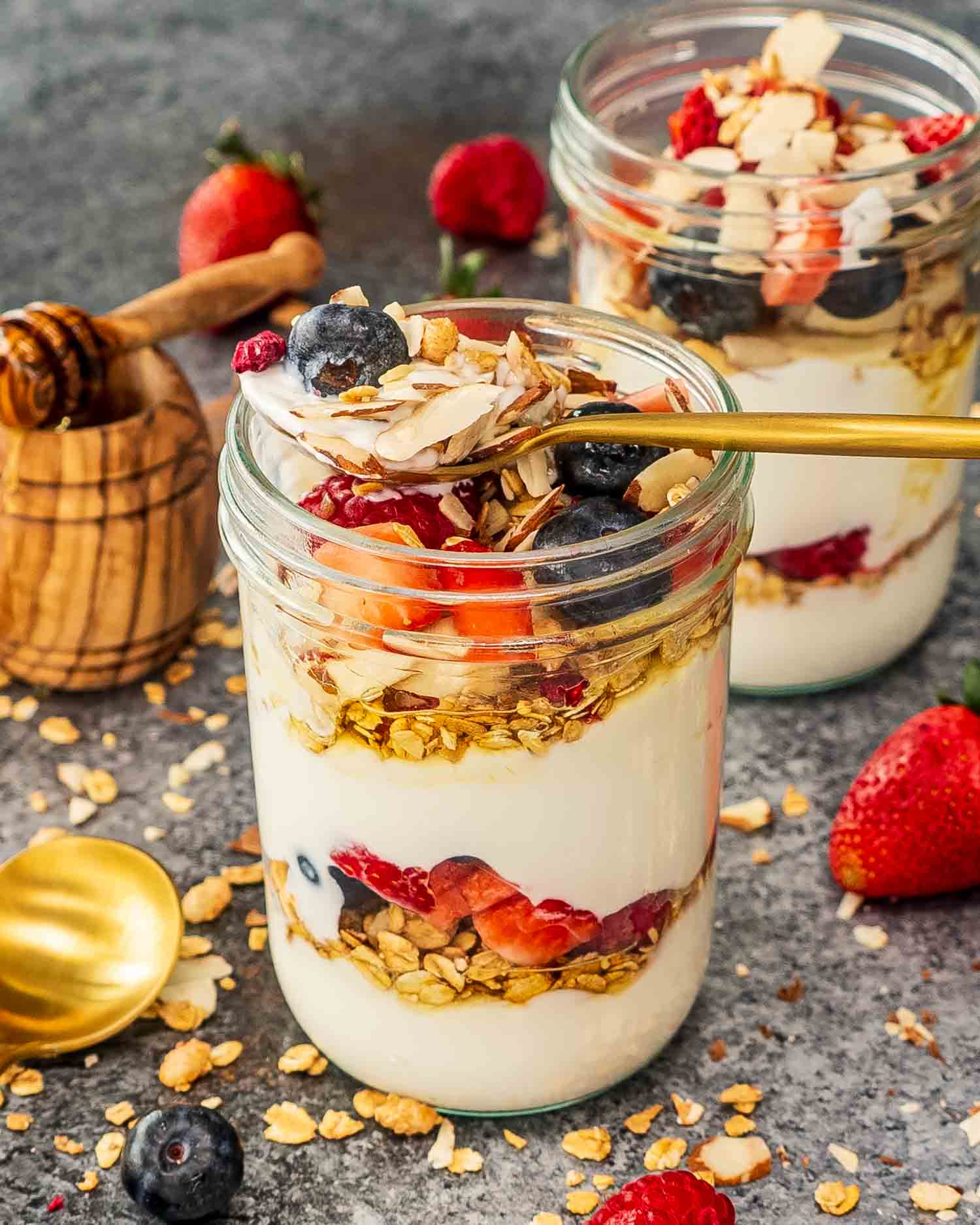 freshly made yogurt parfait in jars.