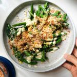 Caesar green beans on a plate with crispy panko.