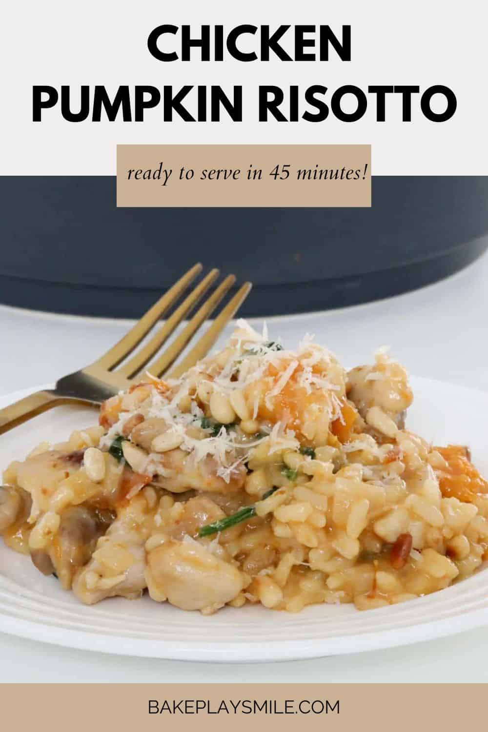 A plate of creamy chicken and pumpkin risotto with a fork beside.