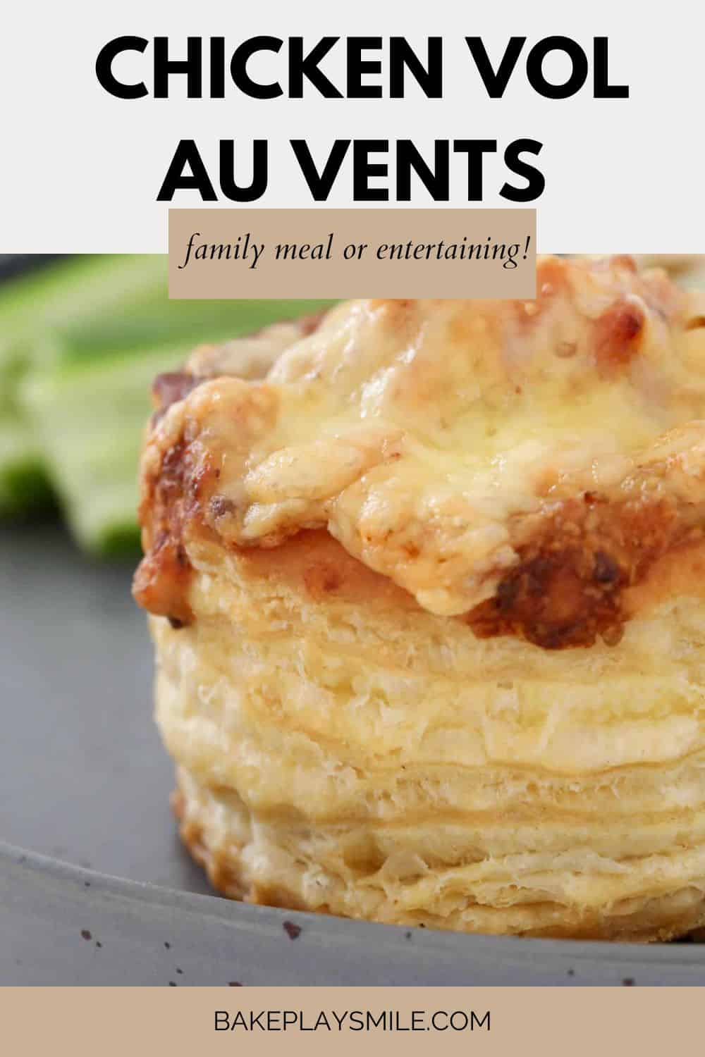 A flaky baked chicken vol au vent topped with melted cheddar.