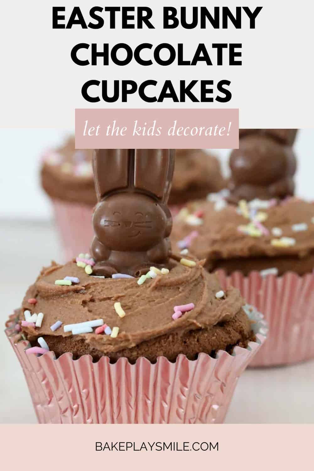 Cute cupcakes with chocolate buttercream and an Easter bunny on top.