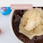 Overhead shot of chocolate mug cake with vanilla ice cream on top.