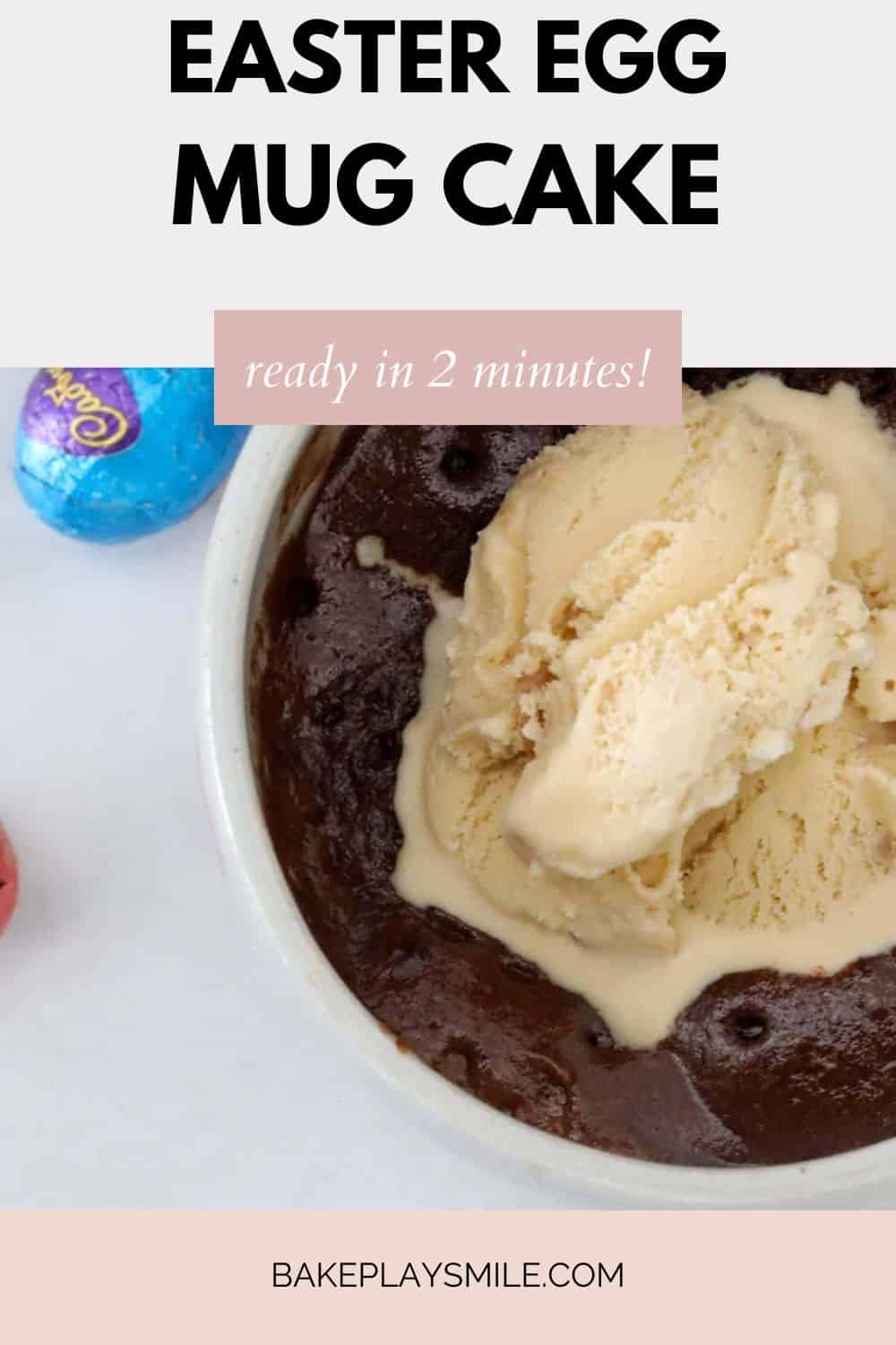 Overhead shot of chocolate mug cake with vanilla ice cream on top.