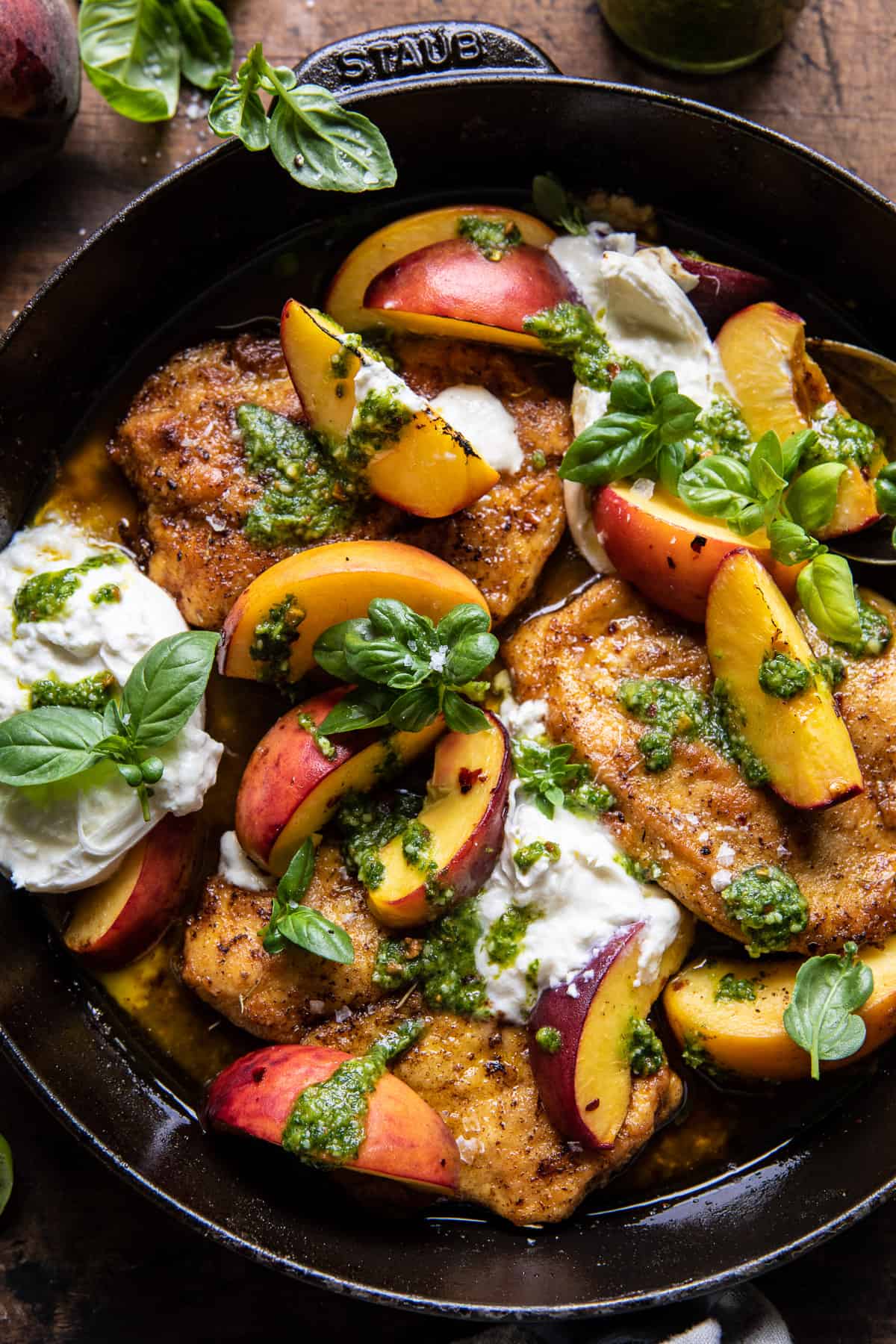 Pesto Peach Chicken in White Wine with Burrata