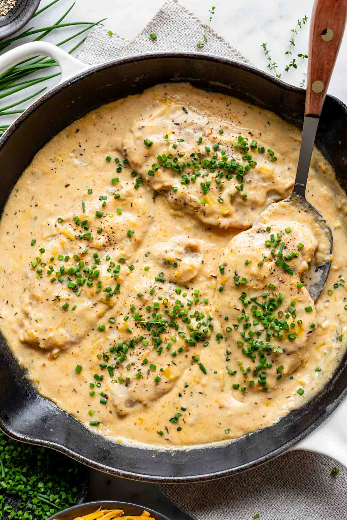 skillet with saucy chicken