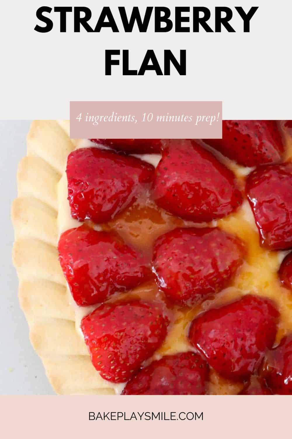 An overhead shot showing fresh glazed strawberries on a custard and shortcrust flan.