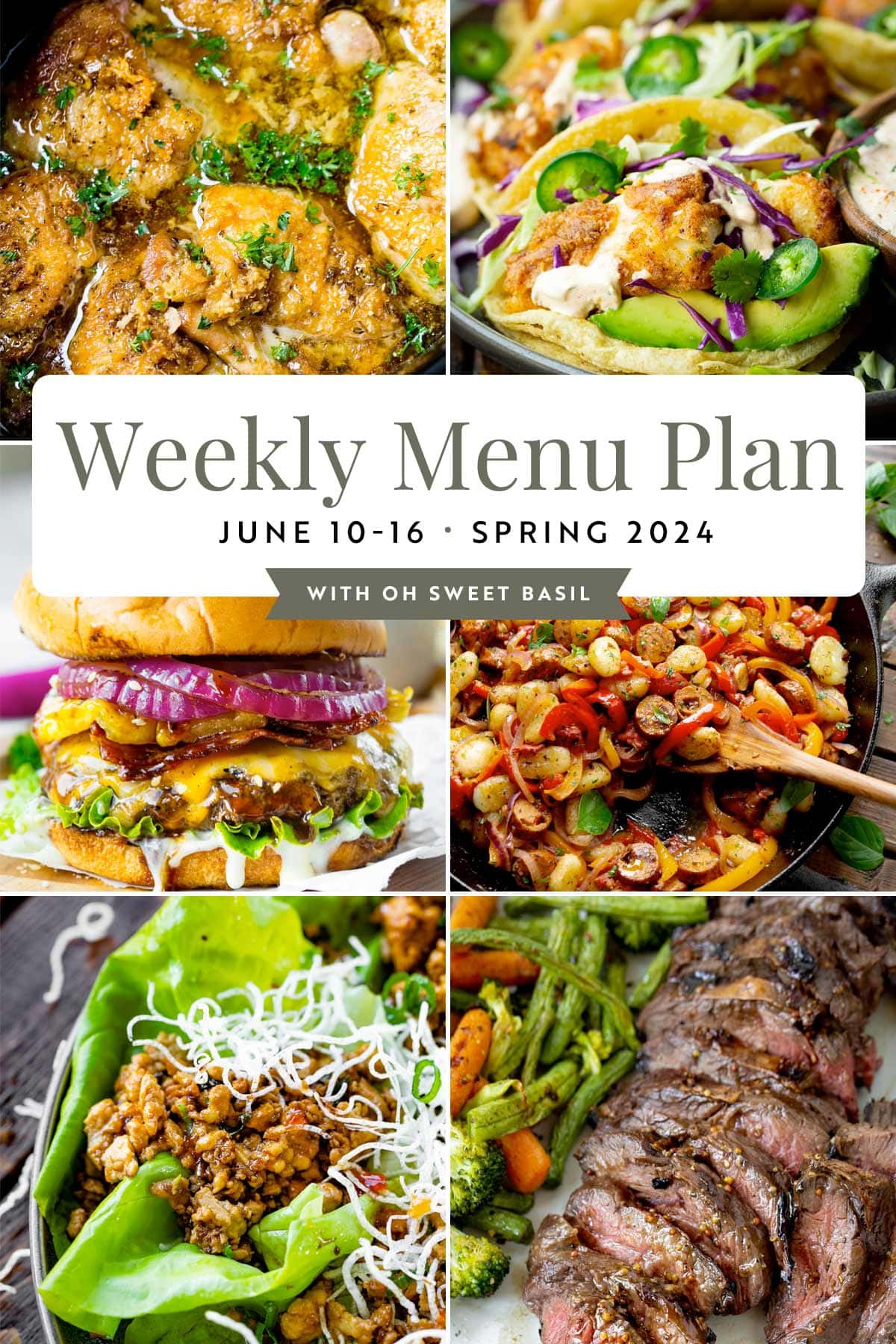 a photo of a weekly menu plan graphic showing 6 different images of different dinner recipes