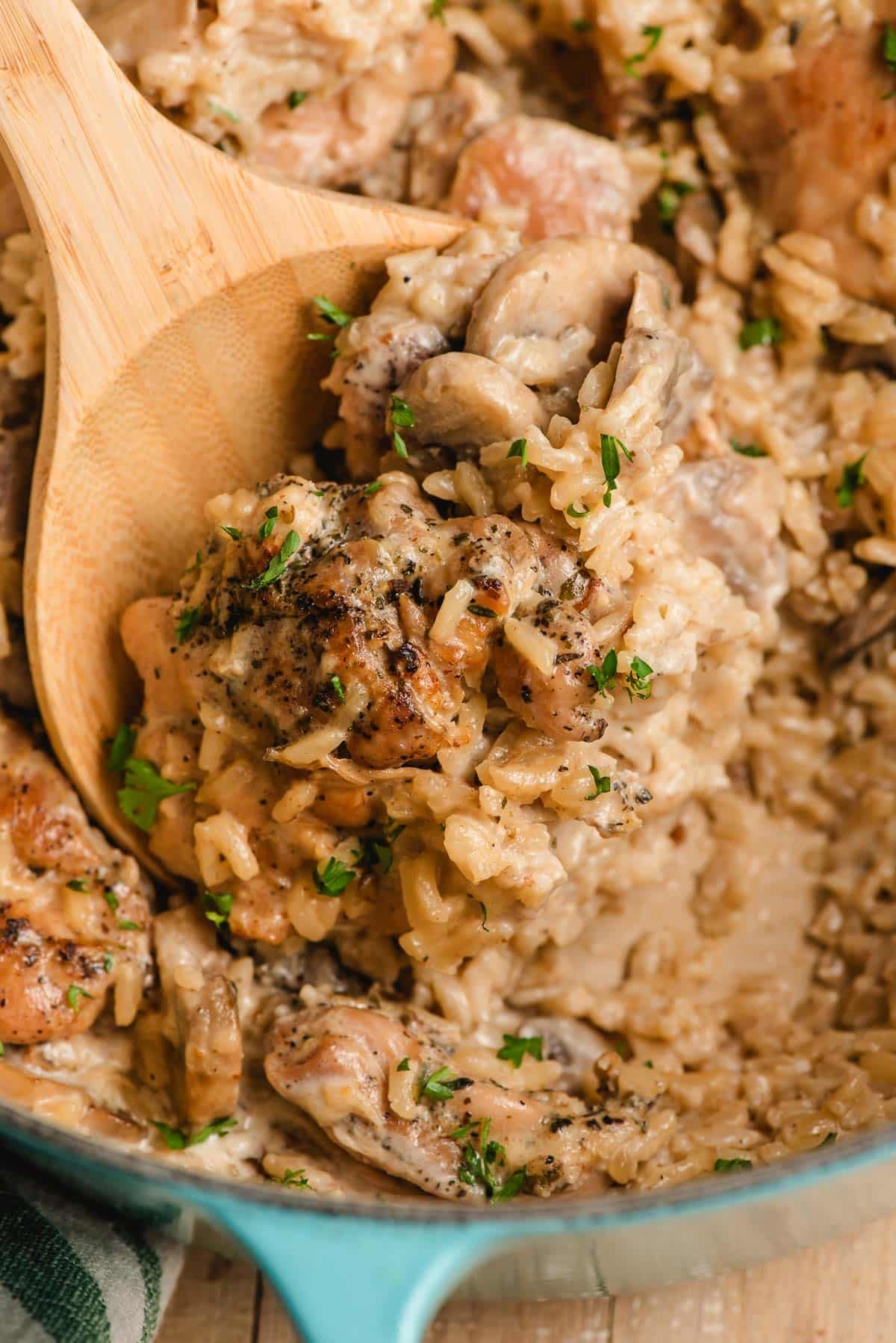 Wooden spoon scooping up creamy rice with chicken and mushrooms.