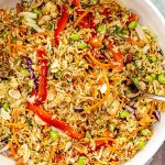 fresh ramen noodle salad in a big white bowl.