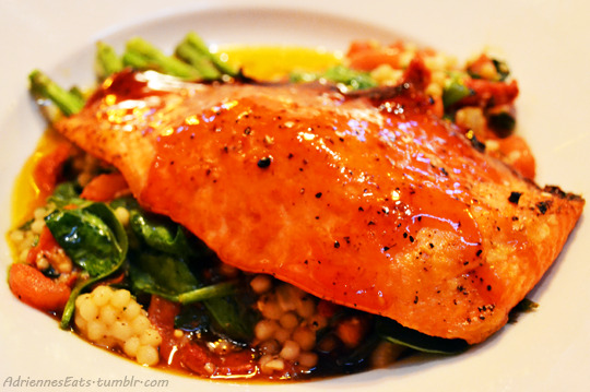 Cherry Chipotle Glazed Salmon with Asparagus and Couscous from BJ’s Restaurant and Brewhouse in West Palm Beach, FL